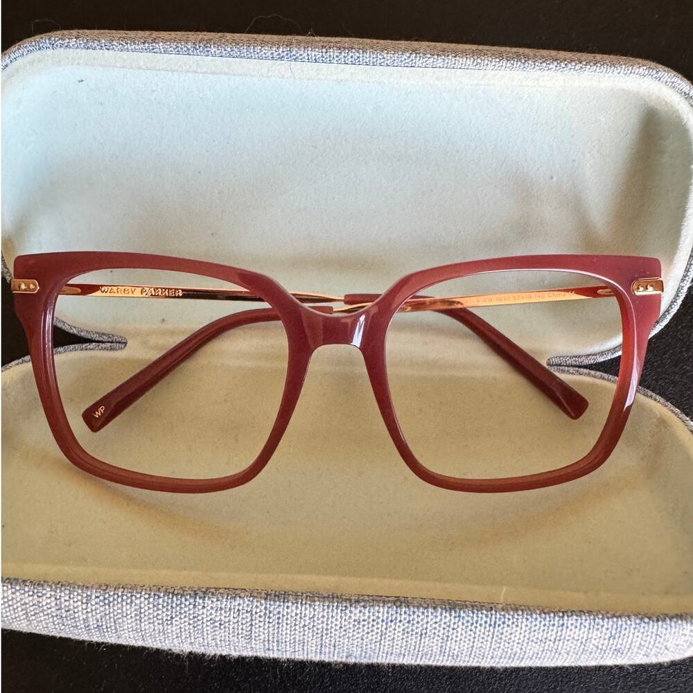 Warby Parker Sunglasses Red Frame Gold Arms Square Style Unisex With Box